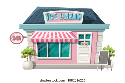 Vector cartoon style of ice cream cafe front  shop view. Isolated on white background with green bushes, 24h sign and menu stand.