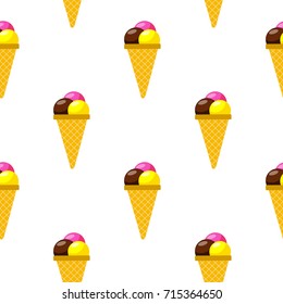 Vector cartoon style ice cream cones seamless pattern. Waffle cone with three colored balls of ice cream. White background