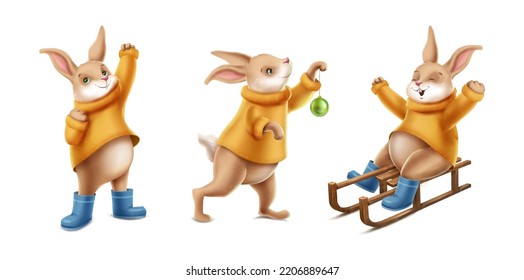 Vector Cartoon Style Icon Illustration. Winter Concept. Rabbit In Sweater On The Sledge, With Warm Boots, Decorating Tree.