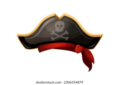 Vector cartoon style icon illustration. Black pirate hat with sceleton. Isolated on white background.