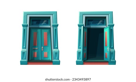 Vector cartoon style icon illustration. Open and closed mansion door entry house.