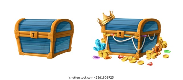 Vector cartoon style icon illustration. Pirate treasure chest open and closed with gold coins and gems.