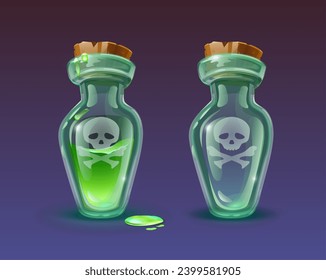 Ilustración de icono de estilo de dibujos animados. Botella de vidrio de veneno verde con corcho y calavera , vacía y llena.