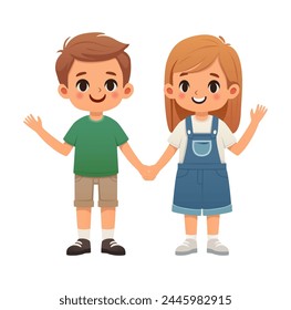 Vector cartoon style icon illustration. Two cute kids. Boy and girl waving hands.