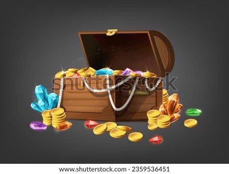 Vector cartoon style icon illustration. Wooden treasure chest with jewelery, jems and gold.