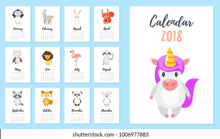 Vector cartoon style illustration of 2018 year calendar with cute animals. Isolated on white background. Template for print.