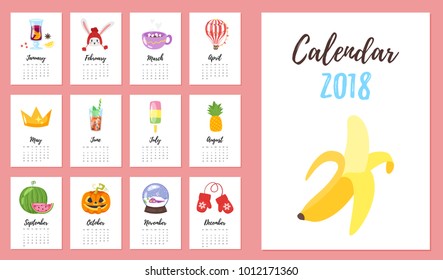 Vector cartoon style illustration of 2018 year calendar with month symbols. Isolated on white background. Template for print.