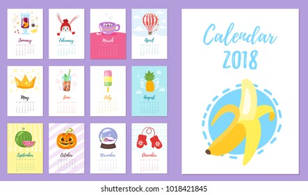 Vector cartoon style illustration of 2018 year calendar with month symbols on pattern and colorful background. Template for print.