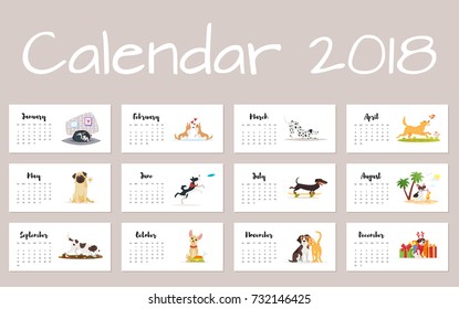 Vector cartoon style illustration of 2018 dog year calendar. Isolated on white background. Template for print.