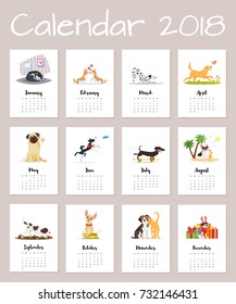 Dibujo tipo vectorial del calendario del año 2018 del perro. Aislado sobre fondo blanco. Plantilla para impresión.