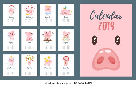 Vector cartoon style illustration of 2019 pig year monthly calendar. Template for print. Piggy different activities and situations on every page.