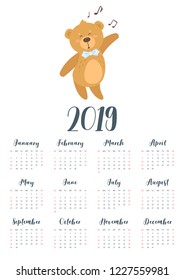 Vector cartoon style illustration of 2019 year calendar with cute teddy bear in blue bow tie singing song,. Template for print. One page Calendar. Vertical layout.