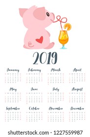 Vector cartoon style illustration of 2019 year calendar with cute pink pig sitting backwards with heart on its back and drinking fresh refreshing cocktail. Template for print. One page Calendar. 