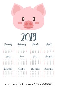 Vector cartoon style illustration of 2019 year calendar with cute pink pig face on white background. Template for print. One page Calendar. Vertical layout.