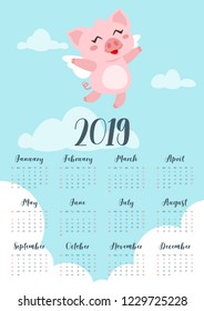 Vector cartoon style illustration of 2019 year calendar with cute pink flying pig with wings. Blue sky with clouds background. Template for print. One page Calendar. Vertical layout.