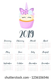 Vector cartoon style illustration of 2019 year calendar with sweet cupcake. Muffin isolated on white background. Dessert decorated with unicorn horn and flowers. Template for print. One page Calendar.