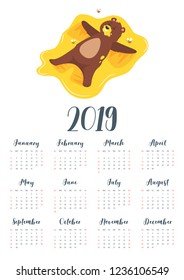 Vector cartoon style illustration of 2019 year calendar with brown grizzly bear, lying in sticky sweet honey like a snow angel. Bees flying around. Template for print. One page Calendar. 