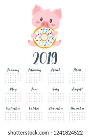 Vector cartoon style illustration of 2019 year calendar with cute pink pig eating tasty doughnut. Template for print. One page Calendar. Vertical layout.