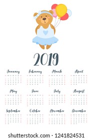 Vector cartoon style illustration of 2019 year calendar with cute teddy bear in skirt, holding balloons. Template for print. One page Calendar. Vertical layout.