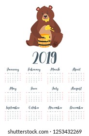 Vector cartoon style illustration of 2019 year calendar with brown grizzly bear, sitting and eating sweet honey from the wooden barrel. Paw in sticky nectar. Template for print. One page Calendar. 
