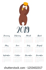 Vector cartoon style illustration of 2019 year calendar with brown grizzly bear, holding pot with honey and trying to reach all sticky nectar with tongue.. Template for print. One page Calendar. 