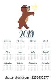 Vector cartoon style illustration of 2019 year calendar with  brown grizzly bear, wearing virtual reality glasses and see a silhouette of honey pot. Template for print. One page Calendar. 