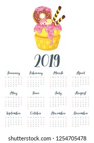 Vector cartoon style illustration of 2019 year calendar with sweet cupcake. Muffin isolated on white background. Dessert with doughnut, candies and pink icing. Template for print. One page calendar.