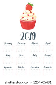 Vector cartoon style illustration of 2019 year calendar with sweet cupcake. Muffin isolated on white background. Decorated with ripe strawberry and red hearts. Template for print. One page calendar.