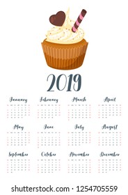 Vector cartoon style illustration of 2019 year calendar with sweet cupcake decorated with candy and chocolate heart. Template for print. One page Calendar. Vertical layout.