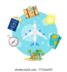 Vector cartoon style illustration of aircraft and journey icons around. Travel and tourism. Advertisement poster isolated on white background.