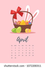 Vector cartoon style illustration of April 2018 year calendar page with festive basket and colorful painted eggs inside on pink background. Template for print.