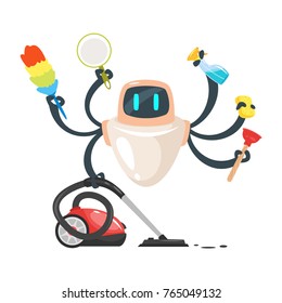 Vector cartoon style illustration  of assistant domestic cleaner robot isolated on white background.