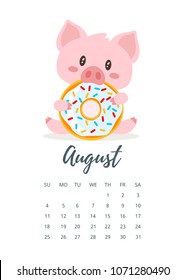 Vector cartoon style illustration of August 2019 year calendar page with cute pink pig eating tasty doughnut. Template for print.