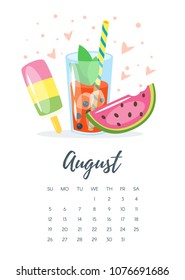 Vector cartoon style illustration of August 2018 year calendar page with ice cream, cocktail and slice of watermelon. Template for print.