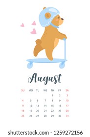 Vector cartoon style illustration of August 2019 year calendar page with romantic adorable teddy bear in helmet riding on scooter. Template for print.
