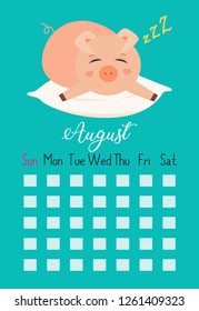 Vector cartoon style illustration of August  cute calendar page with pink pig sleeps on the pillow .Template for print.