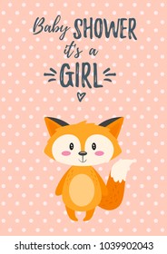 Vector cartoon style illustration of Baby shower invitation. Baby girl celebration greeting card template. Cute fox character on pink polka dot background.