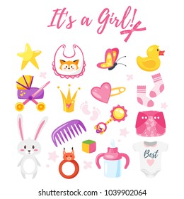 Vector cartoon style illustration of baby shower set of symbols for girl. Newborn design elements and icons. Isolated on white background.