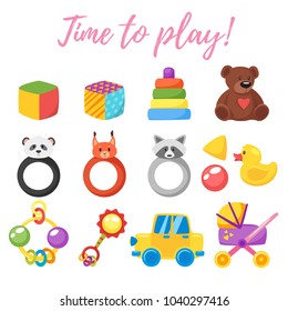Vector cartoon style illustration of baby set of toys for boy and girl. Newborn design elements and icons. Isolated on white background.