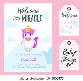 Vector cartoon style illustration of Baby shower invitation. Celebration greeting card and tags template. Cute unicorn standing on cloud. Welcome little miracle text.