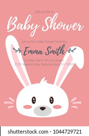 Vector cartoon style illustration of Baby shower invitation. Baby boy or girl celebration greeting card template with cute bunny head. 