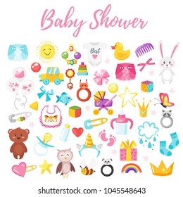 Vector cartoon style illustration of baby shower set of symbols for boy and girl. Newborn design elements and icons. Isolated on white background.