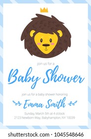 Vector cartoon style illustration of Baby shower invitation. Baby boy celebration greeting card template with cute lion head and golden crown. 