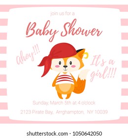  Vector cartoon style illustration of Baby shower invitation. Baby girl celebration greeting card template. Cute character fox pirate in red bandana on stripes background.