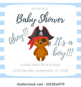  Vector cartoon style illustration of Baby shower invitation. Baby boy celebration greeting card template. Cute character bear pirate on stripes background.