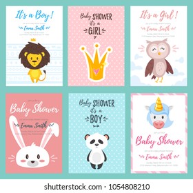 Vector cartoon style illustration of Baby shower invitation set. Baby boy and girl celebration greeting card template with cute characters animals on colorful background. 