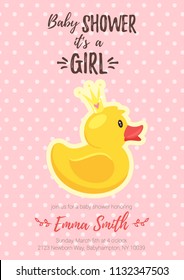 Vector cartoon style illustration of Baby shower invitation. Baby girl celebration greeting card template. Yellow rubber duck with golden princes crown with heart inside on pink polka dot background.