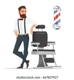 Vector cartoon style illustration of barber. Concept for barbershop. Isolated on white background.