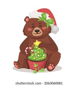 Vector cartoon style illustration of a bear eating New Year or Christmas cupcake decorated with candy cane and snowflakes. Isolated on white background.