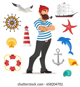 Vector cartoon style illustration of bearded sailor smoking pipe. Sea icons. Isolated on white background.